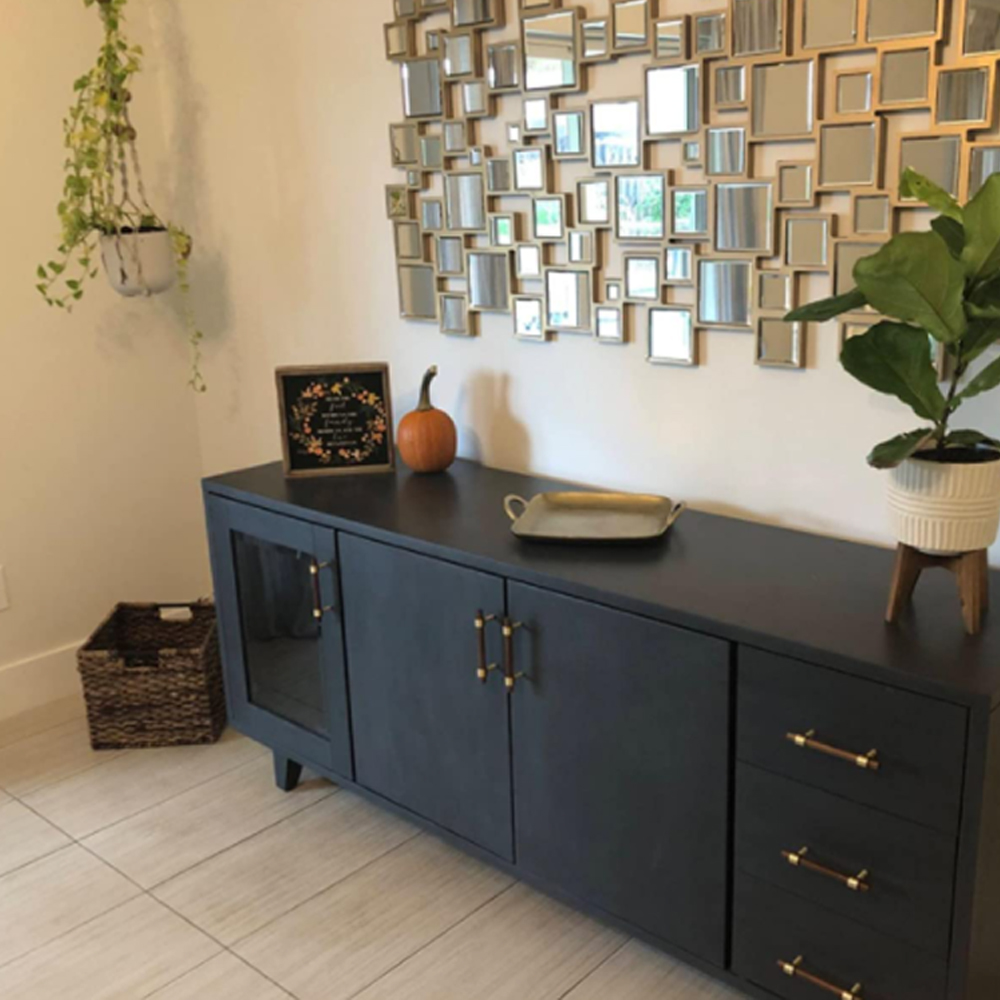 Repurposed the tv stand and add those Antique Brass Cabinet Handles to it. Now it became our dinning buffet. We loved the outcome and pulls really gave that classical touch!