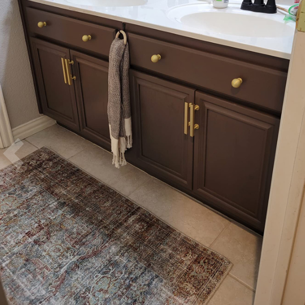 Install our new brass pulls to brown bathroom vanities to make the room gorgeous looking.