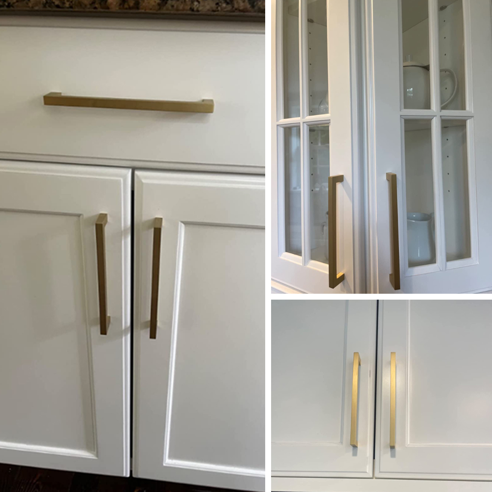 Using QogriSun brass square pulls to replace the existing ones on kitchen cabinets. These are beautiful against white cabinets.