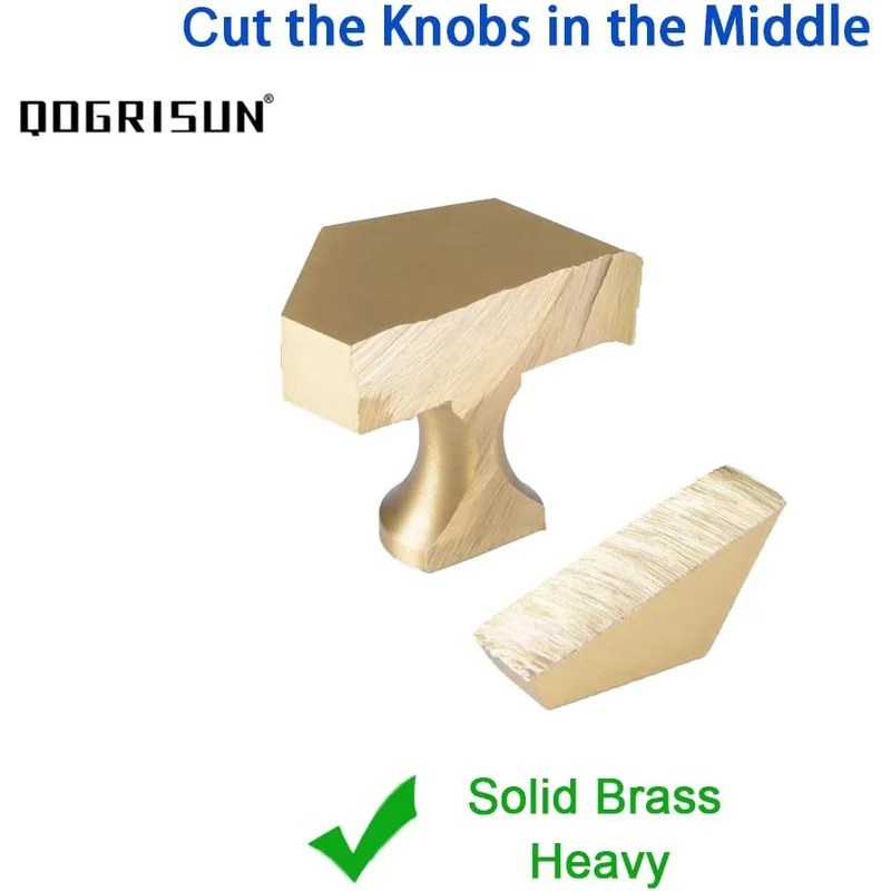 QogriSun 10-Pack Solid Brass Hexagon Cabinet Knobs, 1-1/4-Inch Diameter, Gold Decorative Dresser Drawer Pulls Handles, Modern Kitchen Hardware, Brushed Brass Finish