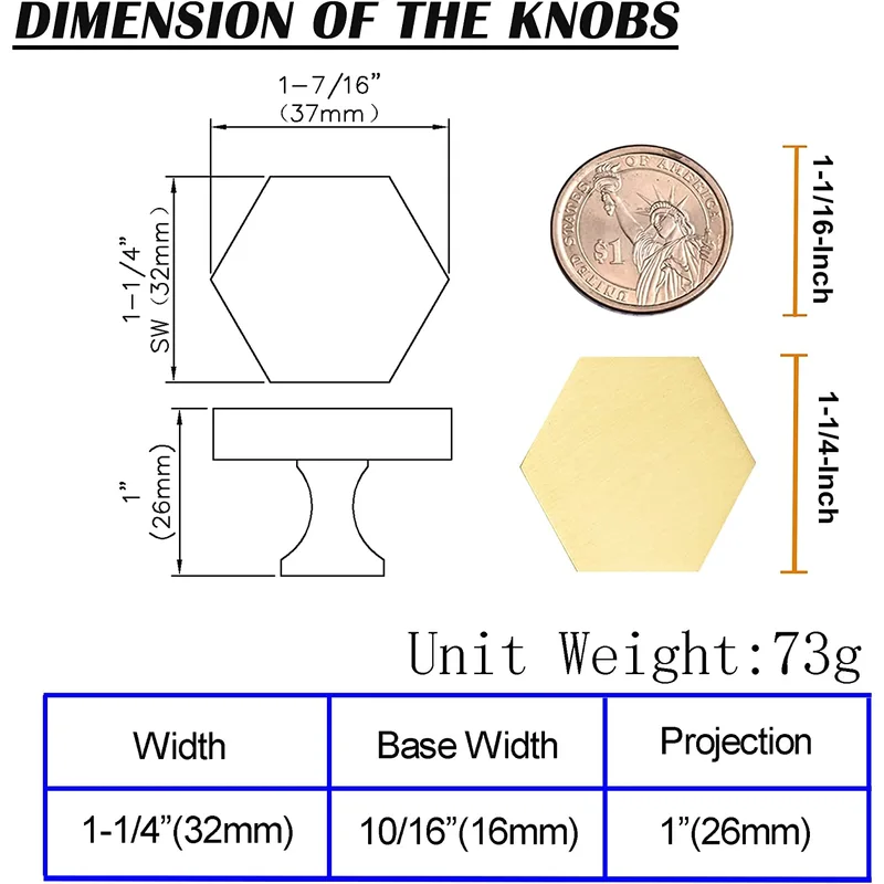 QogriSun 10-Pack Solid Brass Hexagon Cabinet Knobs, 1-1/4-Inch Diameter, Gold Decorative Dresser Drawer Pulls Handles, Modern Kitchen Hardware, Brushed Brass Finish