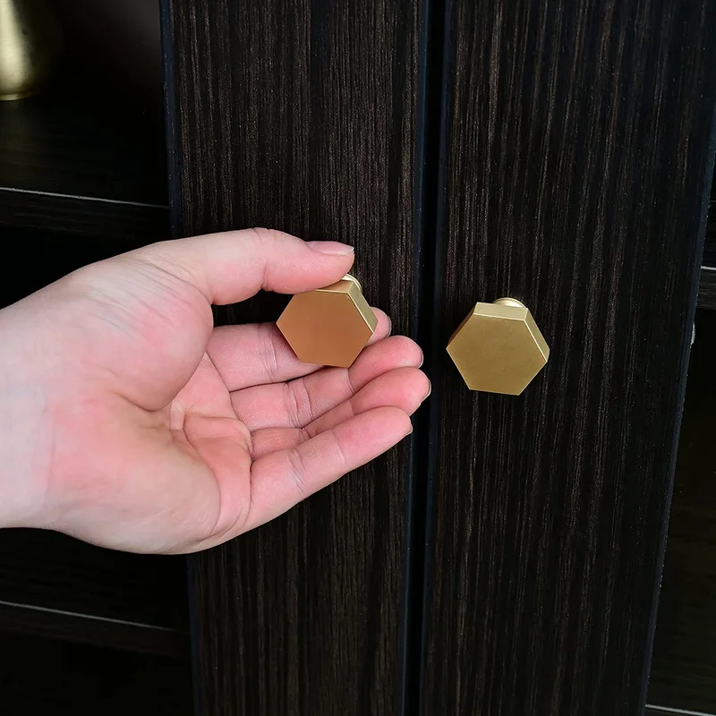 QogriSun 10-Pack Solid Brass Hexagon Cabinet Knobs, 1-1/4-Inch Diameter, Gold Decorative Dresser Drawer Pulls Handles, Modern Kitchen Hardware, Brushed Brass Finish