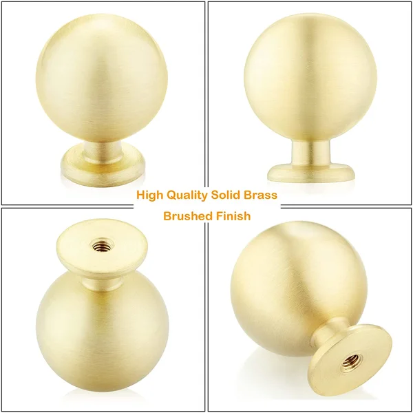 QogriSun Solid Brass Cabinet Knobs, Round Ball Gold Knobs for Dresser Drawer, Modern Kitchen Hardware, Brushed Brass Finish