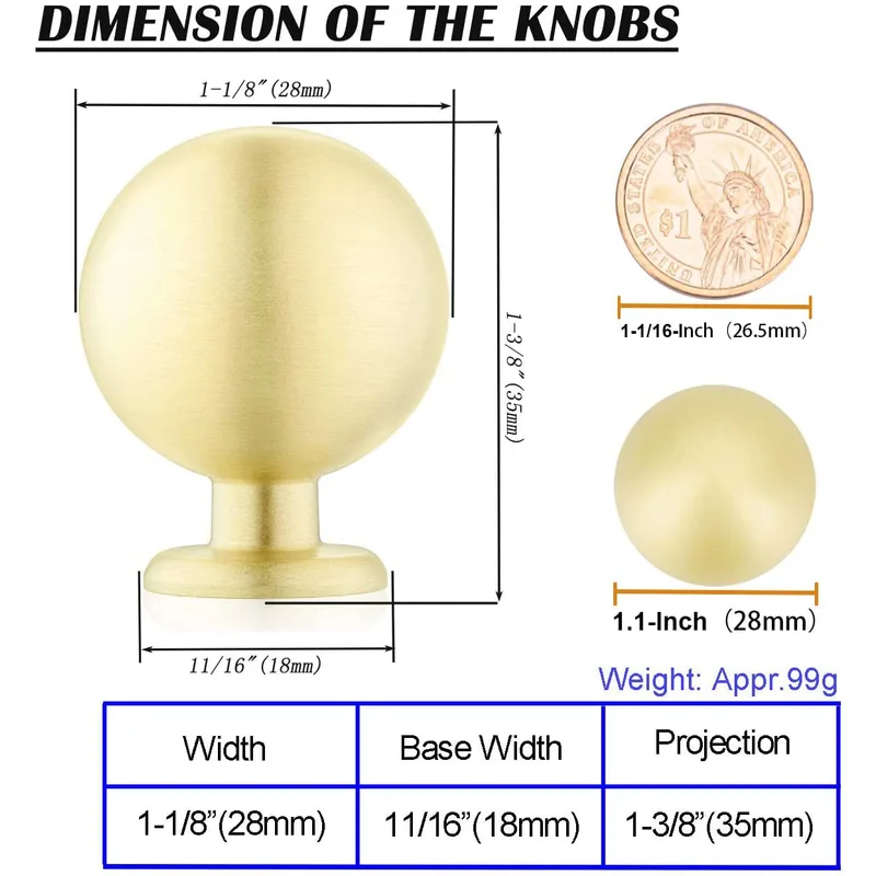 QogriSun Solid Brass Cabinet Knobs, Round Ball Gold Knobs for Dresser Drawer, Modern Kitchen Hardware, Brushed Brass Finish