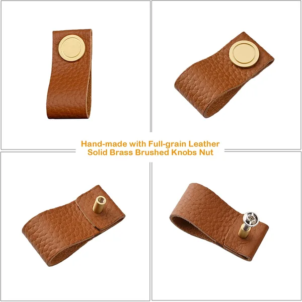 QogriSun Leather Knobs for Dresser Drawers, Brass Dresser Knobs,Soft Drawer Knobs Upgrade The Look of Furniture, Perfect Replacement of Brass Cabinet Knobs (Brown)