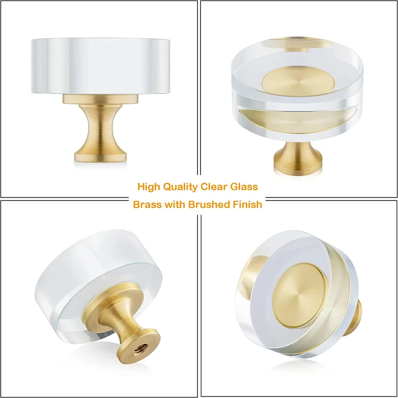 QogriSun Glass Crystal Knobs Brass Drawer Knobs Dresser Pulls, Gold Round Cabinet Hardware for Kitchen Bathroom