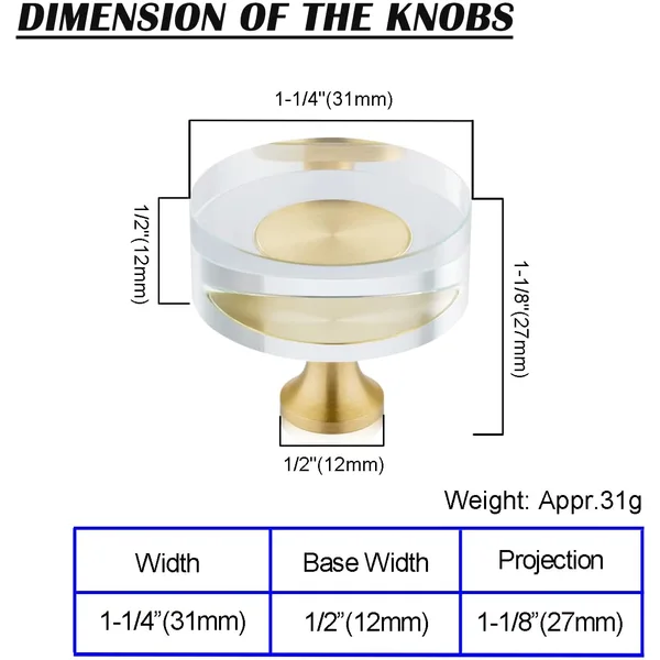 QogriSun Glass Crystal Knobs Brass Drawer Knobs Dresser Pulls, Gold Round Cabinet Hardware for Kitchen Bathroom