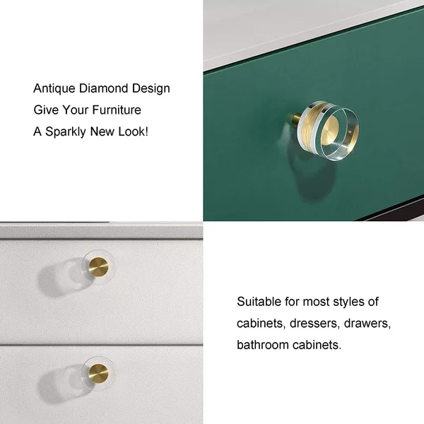 QogriSun Glass Crystal Knobs Brass Drawer Knobs Dresser Pulls, Gold Round Cabinet Hardware for Kitchen Bathroom