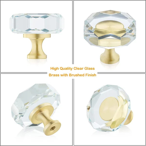 Glass Crystal Knobs Brass Drawer Knobs Dresser Pulls, 1-1/4-Inch Polygon, Gold Cabinet Hardware for Kitchen Bathroom