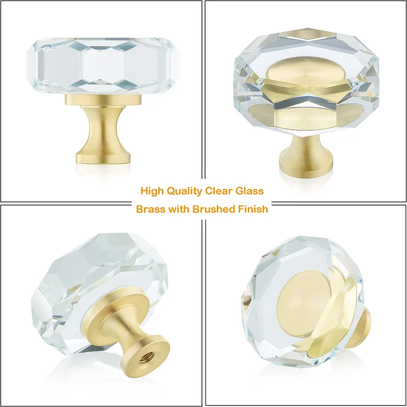 Glass Crystal Knobs Brass Drawer Knobs Dresser Pulls, 1-1/4-Inch Polygon, Gold Cabinet Hardware for Kitchen Bathroom