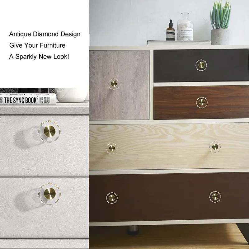Glass Crystal Knobs Brass Drawer Knobs Dresser Pulls, 1-1/4-Inch Polygon, Gold Cabinet Hardware for Kitchen Bathroom