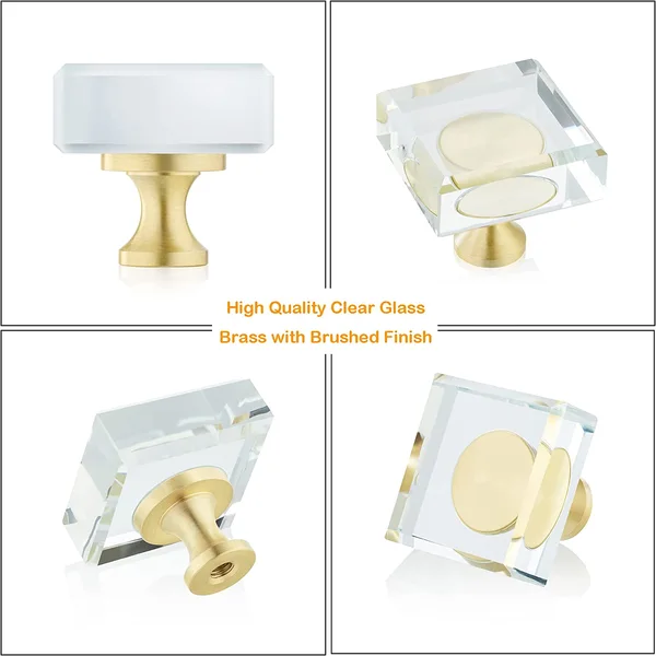 QogriSun 10-Pack Glass Crystal Knobs Brass Drawer Knobs Dresser Pulls, 1-1/8-Inch Square, Gold Cabinet Hardware for Kitchen Bathroom