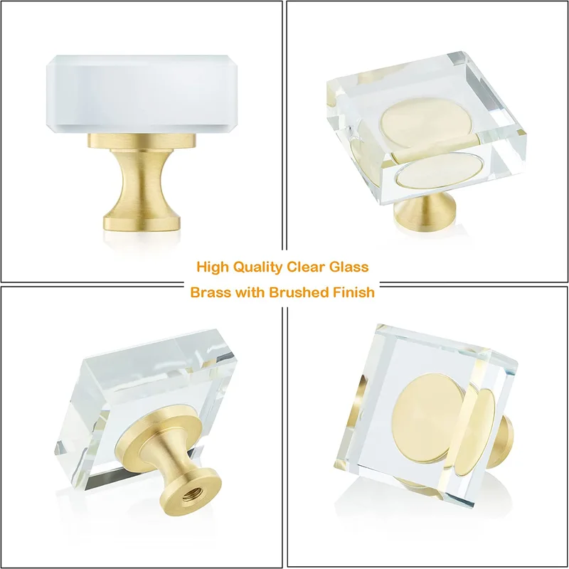QogriSun 10-Pack Glass Crystal Knobs Brass Drawer Knobs Dresser Pulls, 1-1/8-Inch Square, Gold Cabinet Hardware for Kitchen Bathroom