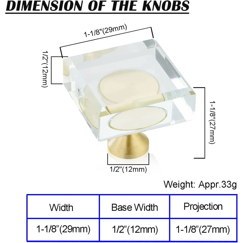 QogriSun 10-Pack Glass Crystal Knobs Brass Drawer Knobs Dresser Pulls, 1-1/8-Inch Square, Gold Cabinet Hardware for Kitchen Bathroom