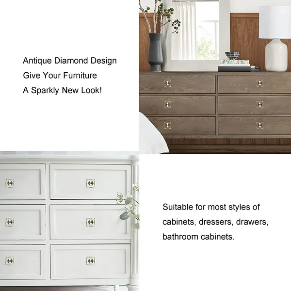 QogriSun 10-Pack Glass Crystal Knobs Brass Drawer Knobs Dresser Pulls, 1-1/8-Inch Square, Gold Cabinet Hardware for Kitchen Bathroom