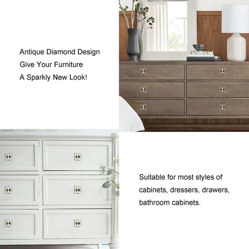 QogriSun 10-Pack Glass Crystal Knobs Brass Drawer Knobs Dresser Pulls, 1-1/8-Inch Square, Gold Cabinet Hardware for Kitchen Bathroom