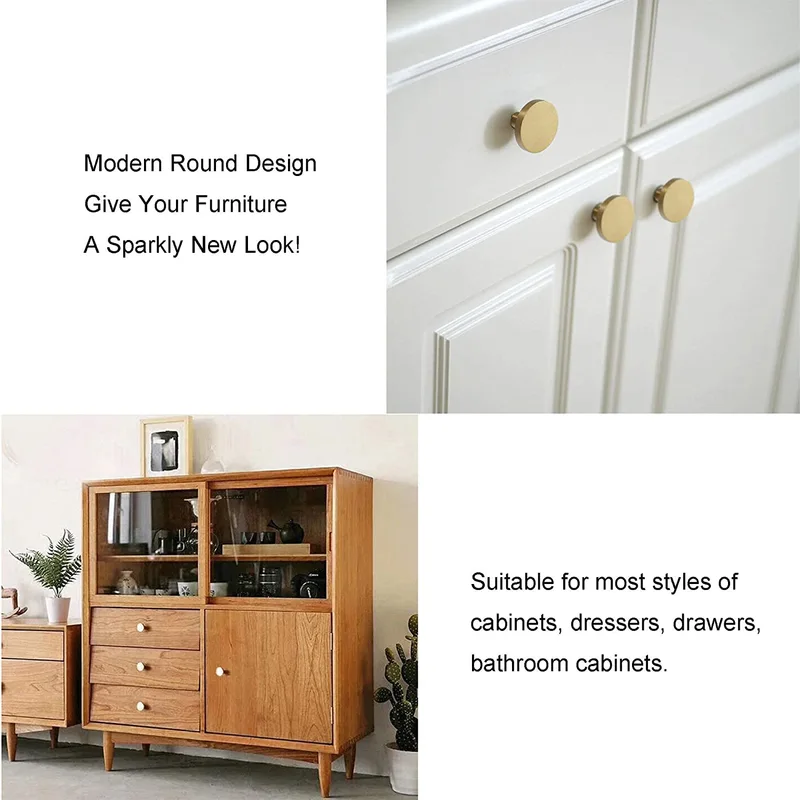 QOGRISUN Solid Brass Cabinet Knobs, 1-Inch Diameter, Round Gold Dresser Drawer Pulls Handles, Modern Kitchen Hardware, Brushed Brass Finish