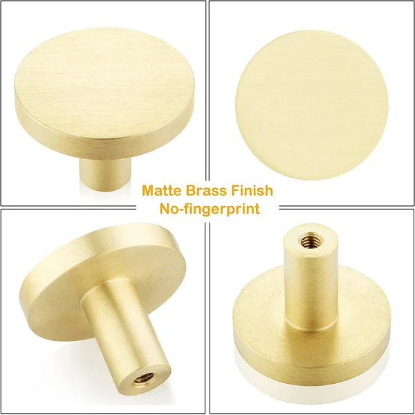 QOGRISUN Solid Brass Cabinet Knobs, Round Gold Dresser Drawer Pulls Handles, Modern Kitchen Hardware, Brushed Brass Finish