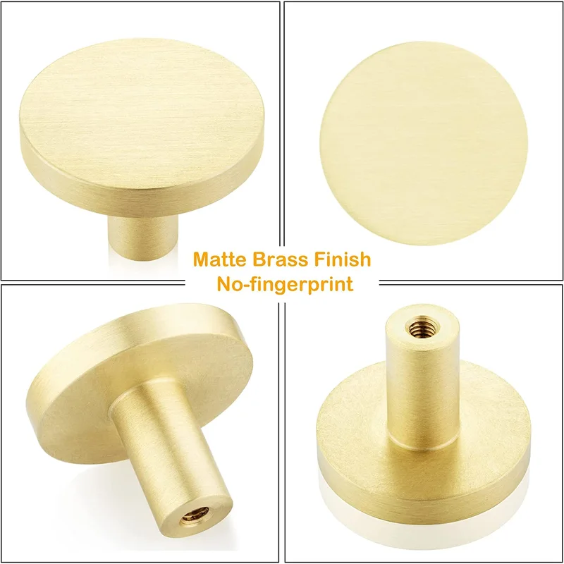 QOGRISUN Solid Brass Cabinet Knobs, Round Gold Dresser Drawer Pulls Handles, Modern Kitchen Hardware, Brushed Brass Finish