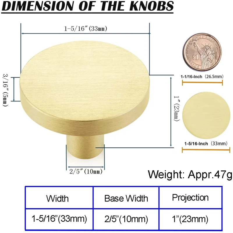 QOGRISUN Solid Brass Cabinet Knobs, Round Gold Dresser Drawer Pulls Handles, Modern Kitchen Hardware, Brushed Brass Finish