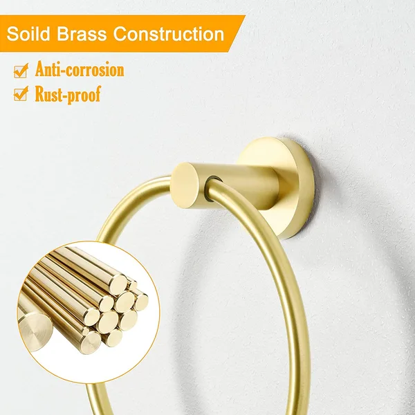 QogriSun Gold Towel Ring for Bathroom, Brass Hand Towel Holder Heavy Duty, Modern Brass Bathroom Accessories Wall Mounted, 6.1-Inch Diameter, Brushed Brass