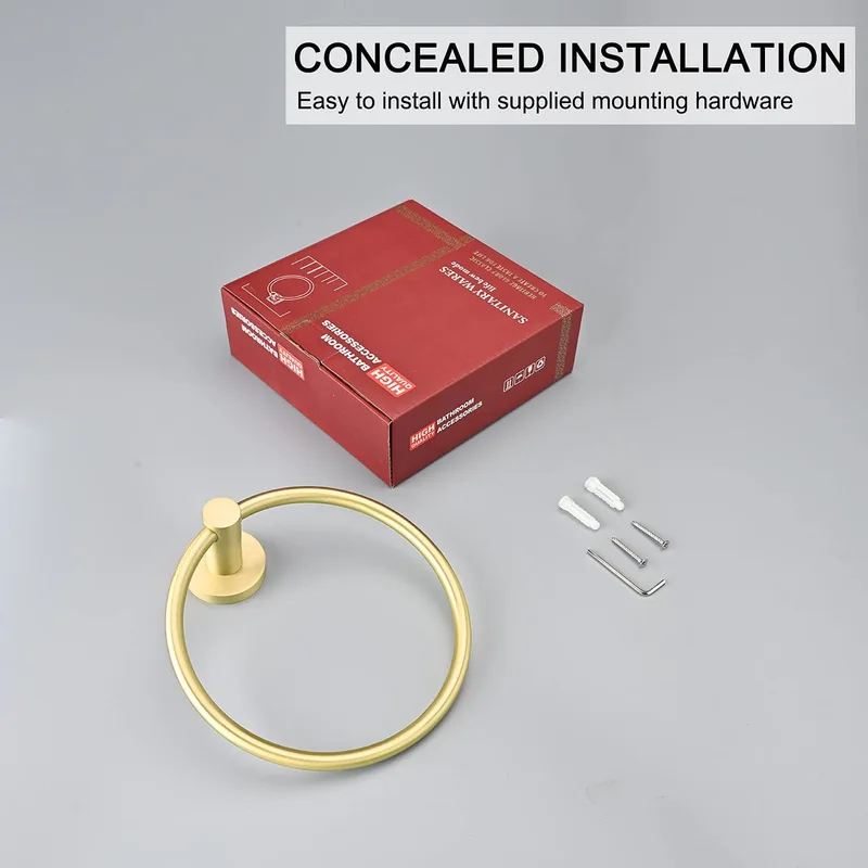 QogriSun Gold Towel Ring for Bathroom, Brass Hand Towel Holder Heavy Duty, Modern Brass Bathroom Accessories Wall Mounted, 6.1-Inch Diameter, Brushed Brass