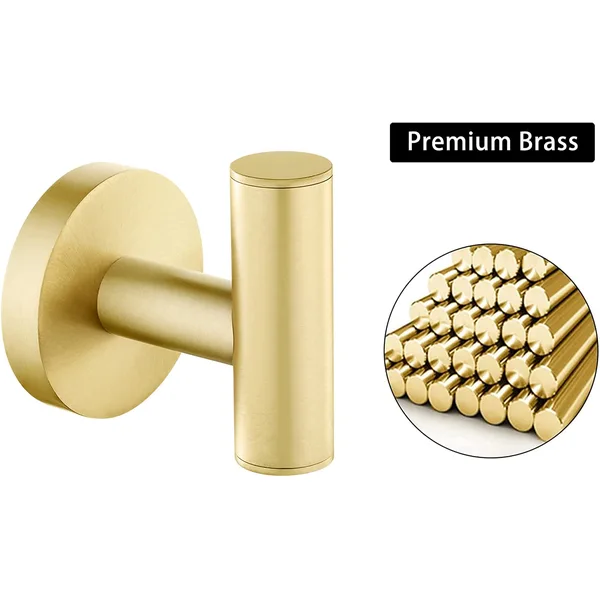 QogriSun Bath Towel Hook Robe Hook Brushed Brass,Gold Round Coat Hook, Suitable for Bathroom Kitchen Hand Towel Holder Washcloth Hanger, Wall-Mounted or Self-Adhesive Installation