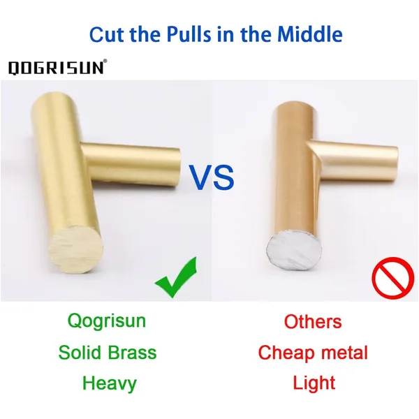 QOGRISUN 5-Pack Solid Brass Cabinet Knobs, Gold Euro Style T Bar Pulls, Single Hole Handles for Kitchen Drawer Dresser Cupboard, 2-Inch Total Length, Brushed Brass Finish