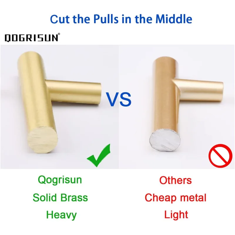 QOGRISUN 5-Pack Solid Brass Cabinet Knobs, Gold Euro Style T Bar Pulls, Single Hole Handles for Kitchen Drawer Dresser Cupboard, 2-Inch Total Length, Brushed Brass Finish