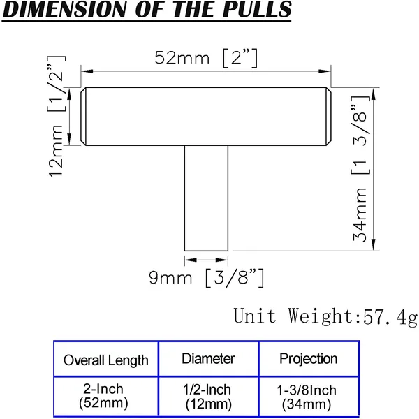 QOGRISUN 5-Pack Solid Brass Cabinet Knobs, Gold Euro Style T Bar Pulls, Single Hole Handles for Kitchen Drawer Dresser Cupboard, 2-Inch Total Length, Brushed Brass Finish
