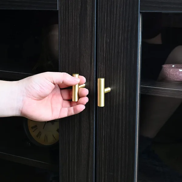 QOGRISUN 5-Pack Solid Brass Cabinet Knobs, Gold Euro Style T Bar Pulls, Single Hole Handles for Kitchen Drawer Dresser Cupboard, 2-Inch Total Length, Brushed Brass Finish