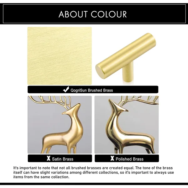 QOGRISUN 5-Pack Solid Brass Cabinet Knobs, Gold Euro Style T Bar Pulls, Single Hole Handles for Kitchen Drawer Dresser Cupboard, 2-Inch Total Length, Brushed Brass Finish