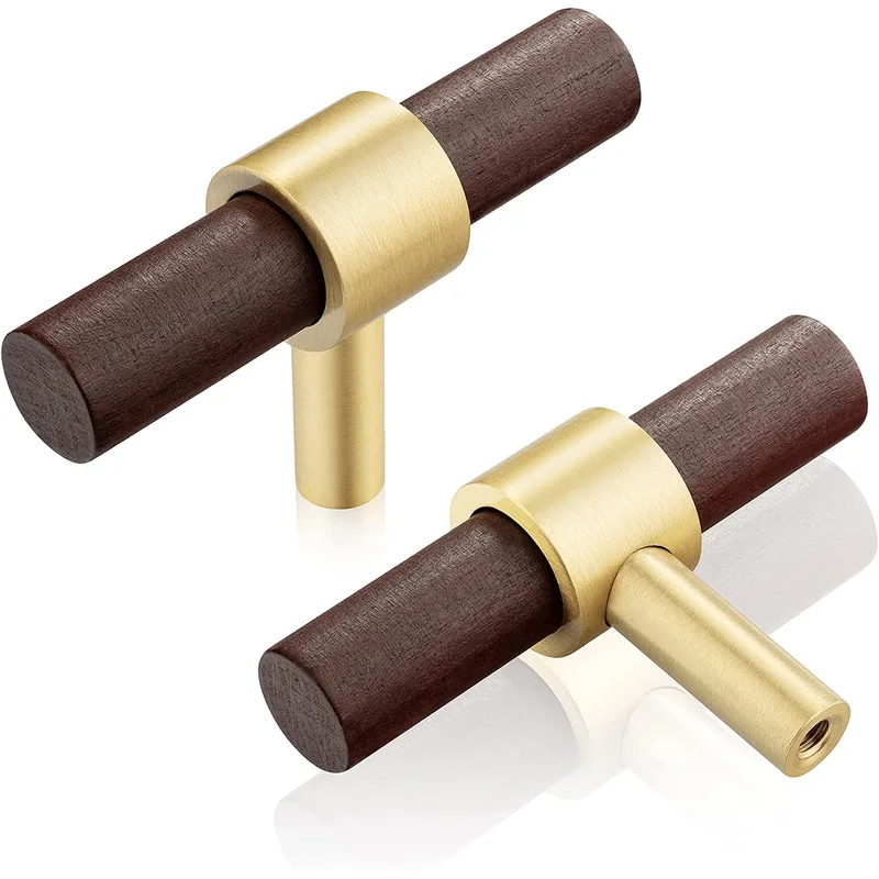QogriSun 6-Pack Brass Wood Knobs for Drawer Dresser, Gold Wood Cabinet Knobs, T Bar Single Hole Pulls Handles, Modern Kitchen Furniture Hardware, 2-3/8-Inch Total Length