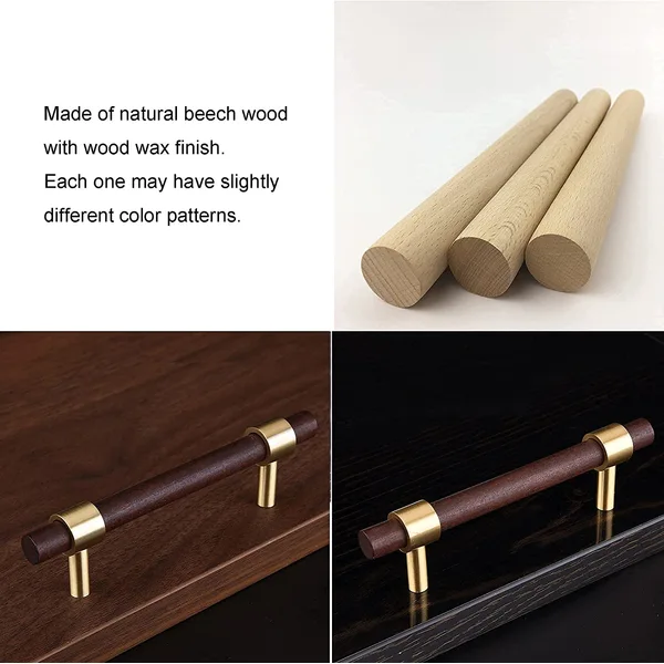 QogriSun 6-Pack Brass Wood Knobs for Drawer Dresser, Gold Wood Cabinet Knobs, T Bar Single Hole Pulls Handles, Modern Kitchen Furniture Hardware, 2-3/8-Inch Total Length