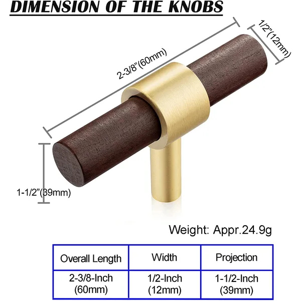 QogriSun 6-Pack Brass Wood Knobs for Drawer Dresser, Gold Wood Cabinet Knobs, T Bar Single Hole Pulls Handles, Modern Kitchen Furniture Hardware, 2-3/8-Inch Total Length