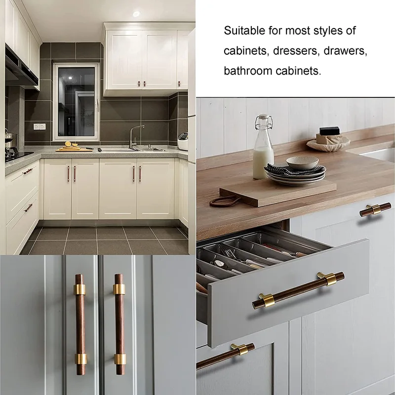 QogriSun 6-Pack Brass Wood Knobs for Drawer Dresser, Gold Wood Cabinet Knobs, T Bar Single Hole Pulls Handles, Modern Kitchen Furniture Hardware, 2-3/8-Inch Total Length