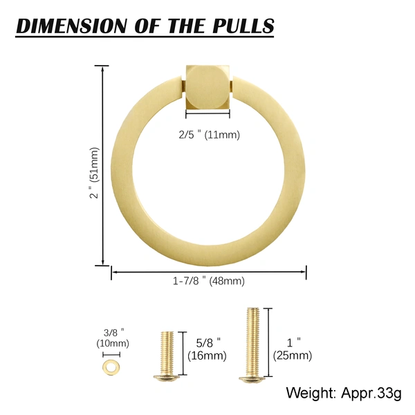 QOGRISUN Solid Brass Pulls for Rings Pulls Single Brushed Brass Gold Wardrobe Door Handles