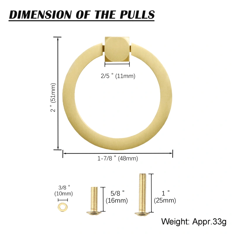 QOGRISUN Solid Brass Pulls for Rings Pulls Single Brushed Brass Gold Wardrobe Door Handles