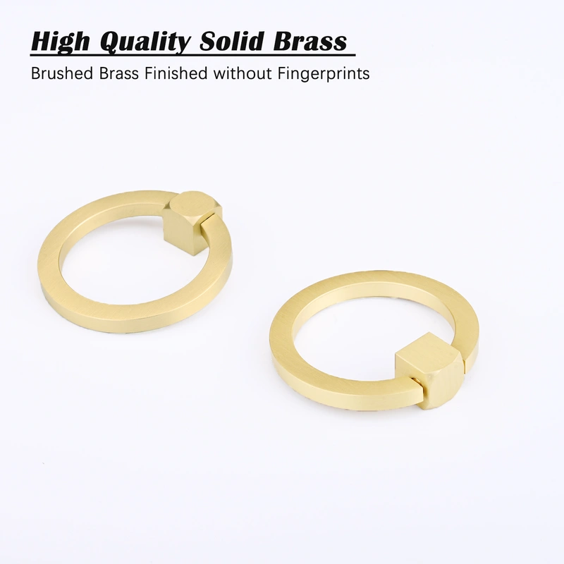 QOGRISUN Solid Brass Pulls for Rings Pulls Single Brushed Brass Gold Wardrobe Door Handles
