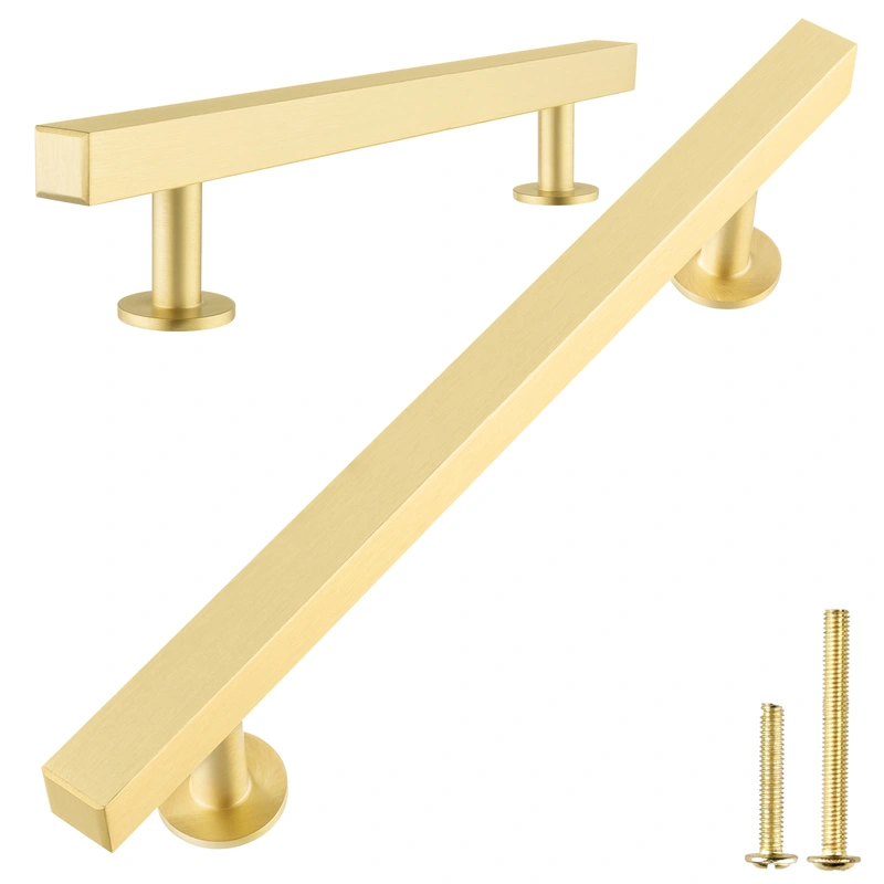 Solid Brass Cabinet Handles, Gold Square T Bar Cabinet Pulls, 3 Inch Hole Center for Kitchen Drawer Dresser Cupboard, Brushed Brass Finish
