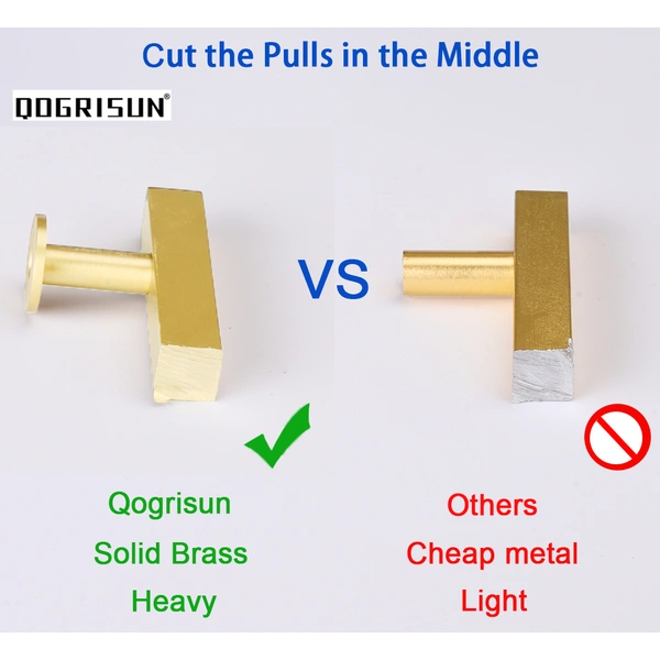 Solid Brass Cabinet Handles, Gold Square T Bar Cabinet Pulls, 3 Inch Hole Center for Kitchen Drawer Dresser Cupboard, Brushed Brass Finish