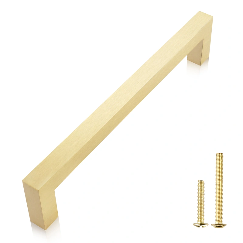 QogriSun 5-Pack Solid Brass Cabinet Handles, Gold Square Bar Cabinet Pulls, for Kitchen Drawer Dresser Cupboard, Brushed Brass Finish