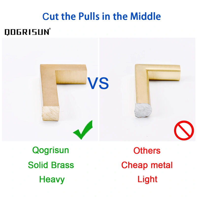 QogriSun 5-Pack Solid Brass Cabinet Handles, Gold Square Bar Cabinet Pulls, for Kitchen Drawer Dresser Cupboard, Brushed Brass Finish