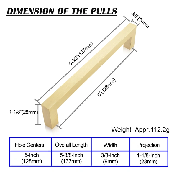 QogriSun 5-Pack Solid Brass Cabinet Handles, Gold Square Bar Cabinet Pulls, for Kitchen Drawer Dresser Cupboard, Brushed Brass Finish