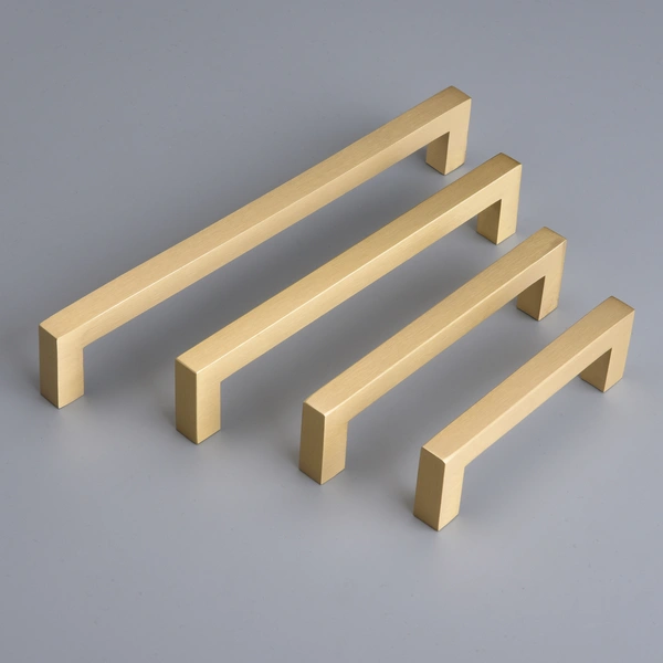 QogriSun 5-Pack Solid Brass Cabinet Handles, Gold Square Bar Cabinet Pulls, for Kitchen Drawer Dresser Cupboard, Brushed Brass Finish