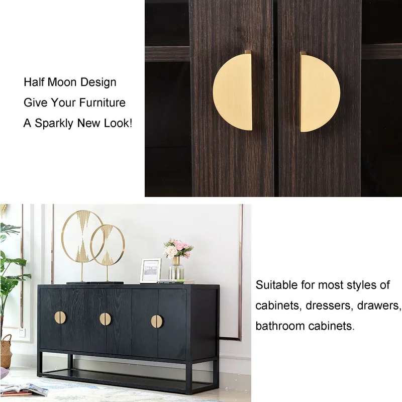 QogriSun Solid Brass Half Moon Cabinet Pulls, Gold Drawer Dresser Handles, Copper Kitchen Hardware, Brushed Finish