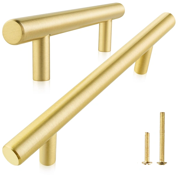 QogriSun Solid Brass Cabinet Pulls, Gold Euro Style T Bar Handles for Kitchen Drawer Dresser Cupboard Brushed Brass Finish