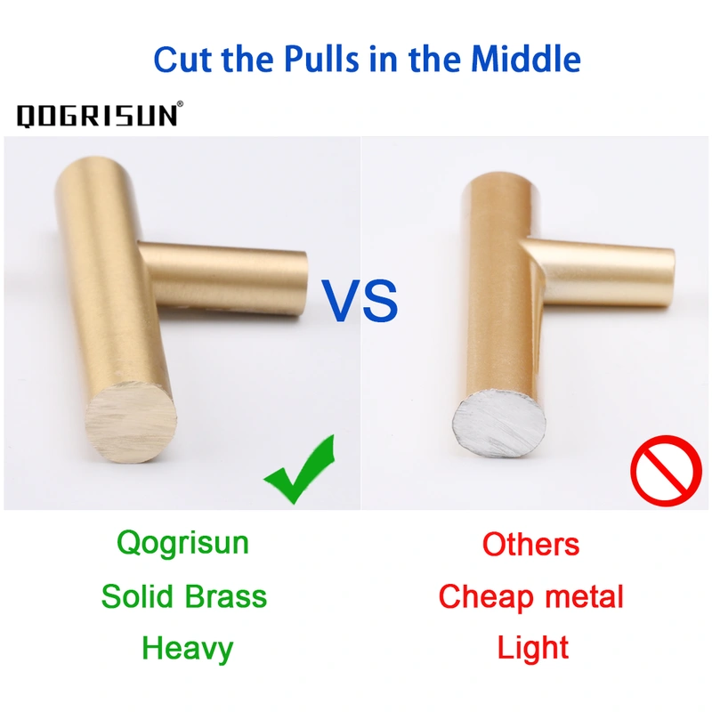 QogriSun Solid Brass Cabinet Pulls, Gold Euro Style T Bar Handles for Kitchen Drawer Dresser Cupboard Brushed Brass Finish