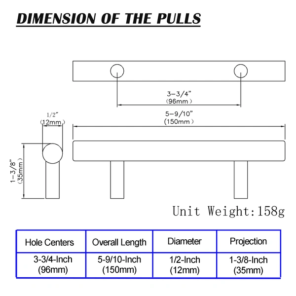 QogriSun Solid Brass Cabinet Pulls, Gold Euro Style T Bar Handles for Kitchen Drawer Dresser Cupboard Brushed Brass Finish