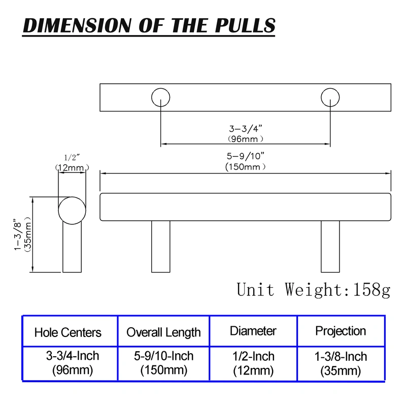 QogriSun Solid Brass Cabinet Pulls, Gold Euro Style T Bar Handles for Kitchen Drawer Dresser Cupboard Brushed Brass Finish